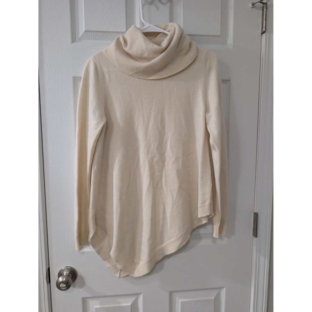 Garnet Hill, 100% Cashmere, S, Cowl Neck Sweater, Asymmetrical Hem, Cream, Flaws